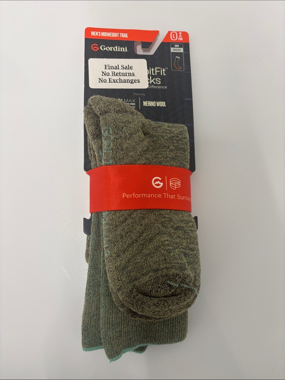 Gordini Men's 2 Pair pack mid weight crew sock Seneca size Large NWT